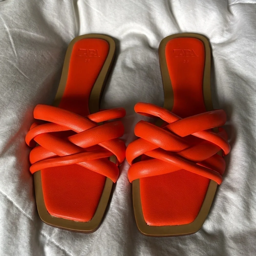 Zara |Orange | Slip On| Crisscross Straps |Sandals | Modern |Slides |Size 36 - Picture 2 of 12